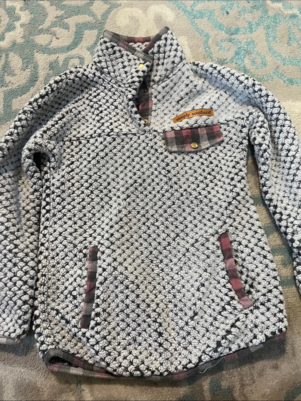 Girls youth small (YS) Simply Southern Gray Pullover with Pink Plaid Accents